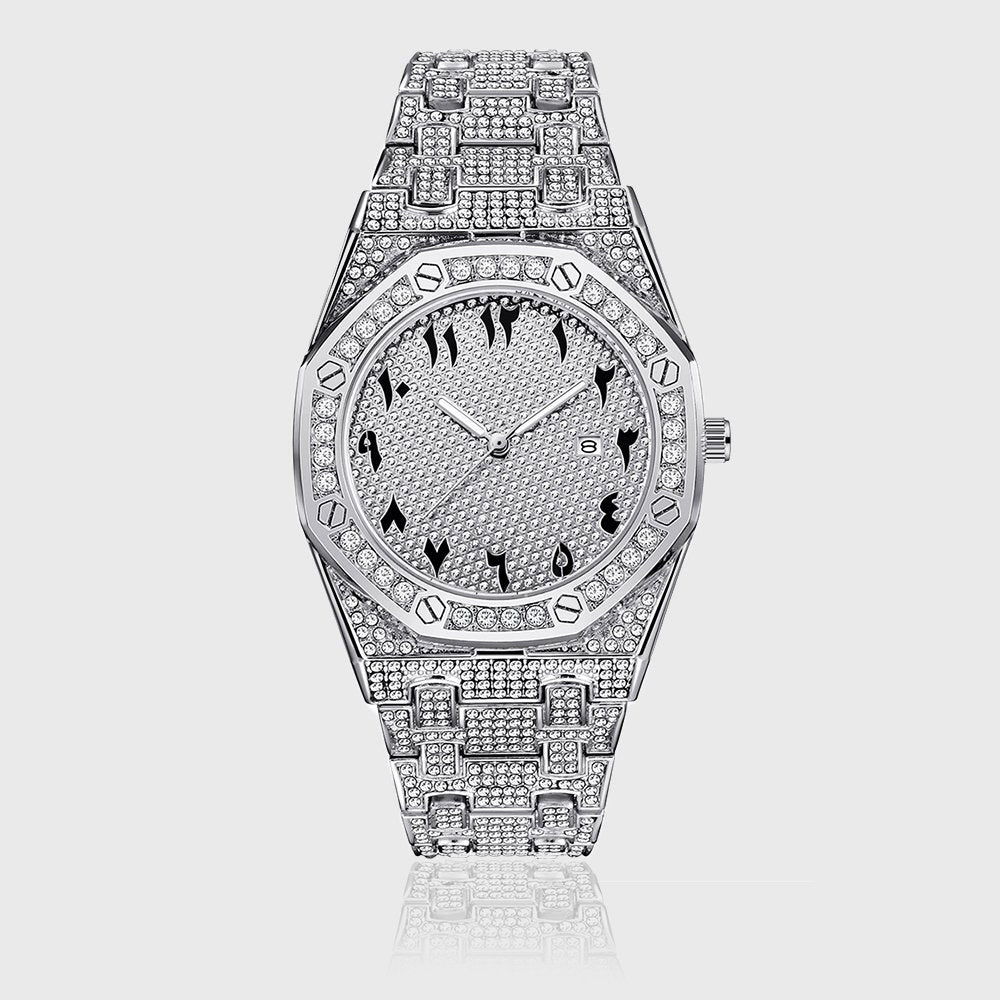 Arabic Dial Diamond Simulant Watch In White Gold