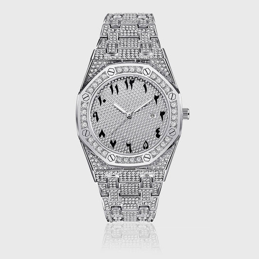 Arabic Dial Diamond Simulant Watch In White Gold